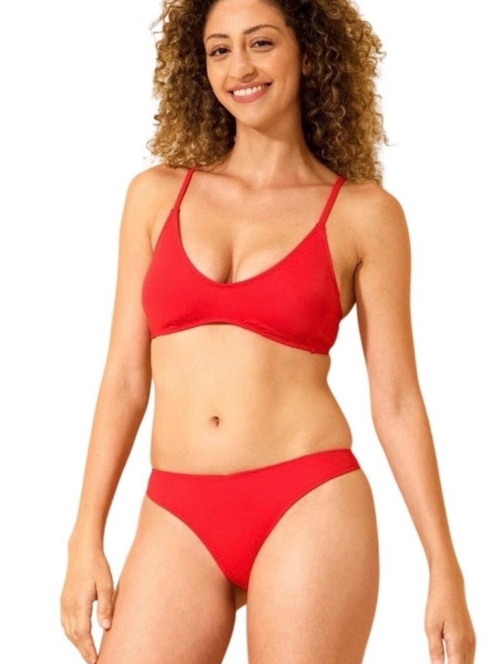 Red Bikini Plunge Bralette Small Top High Leg Medium Bottom Vacation Pool Beach